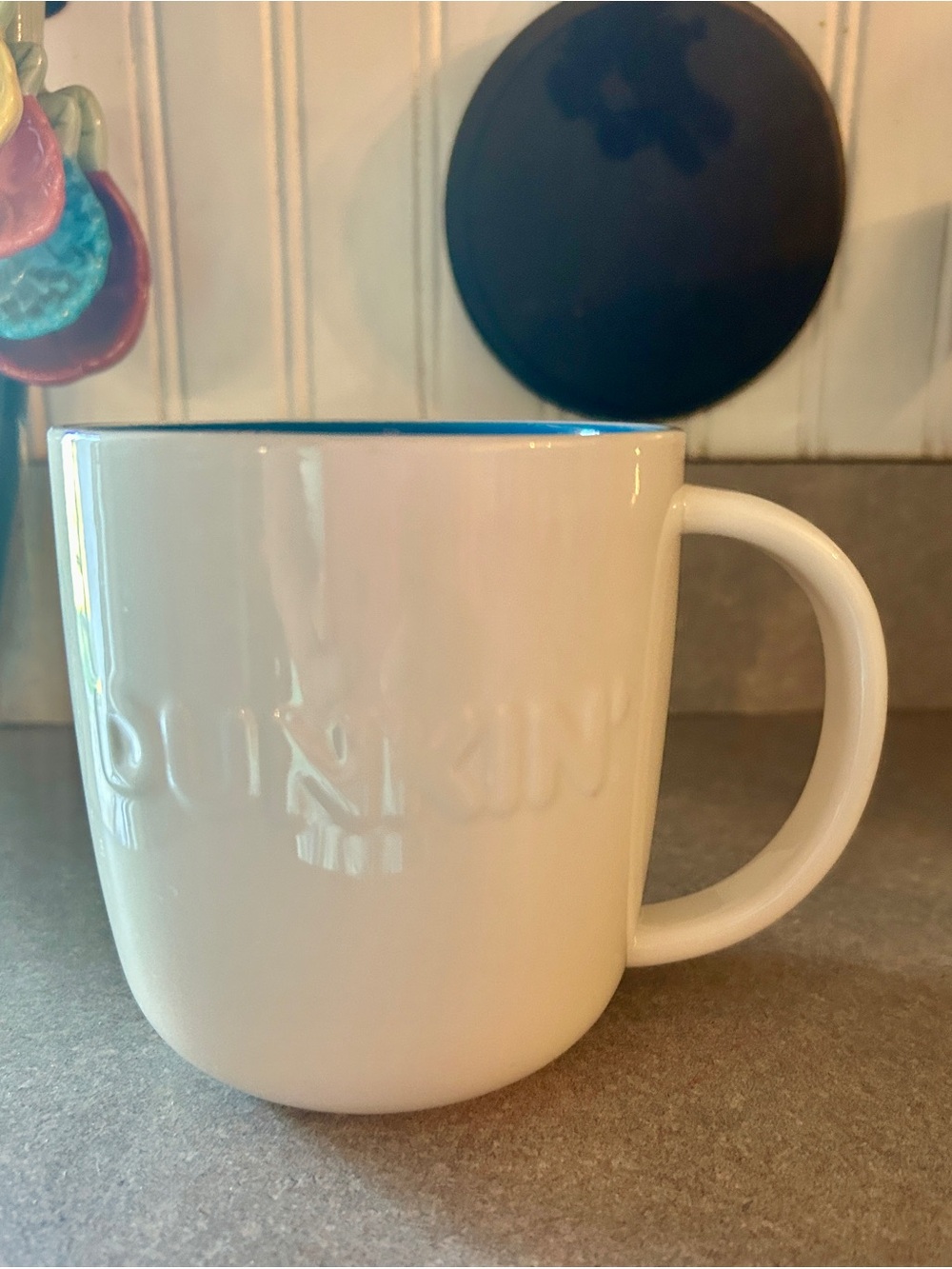 Dunkin Ceramic Mug with Blue Interior Rim - Branded Embossed Design